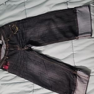 OLD SKOOL‎ DENIM CAPRI/PANTS ROLLED CUFFS PINK STITCHING GOLD EMBROIDERED SIZE 9